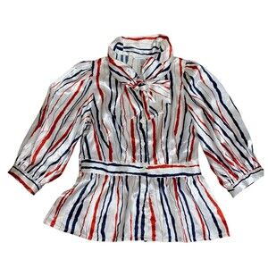 Diane Von Furstenberg Silk Tie Neck Button Up Blouse Size 4 Red/White/Navy